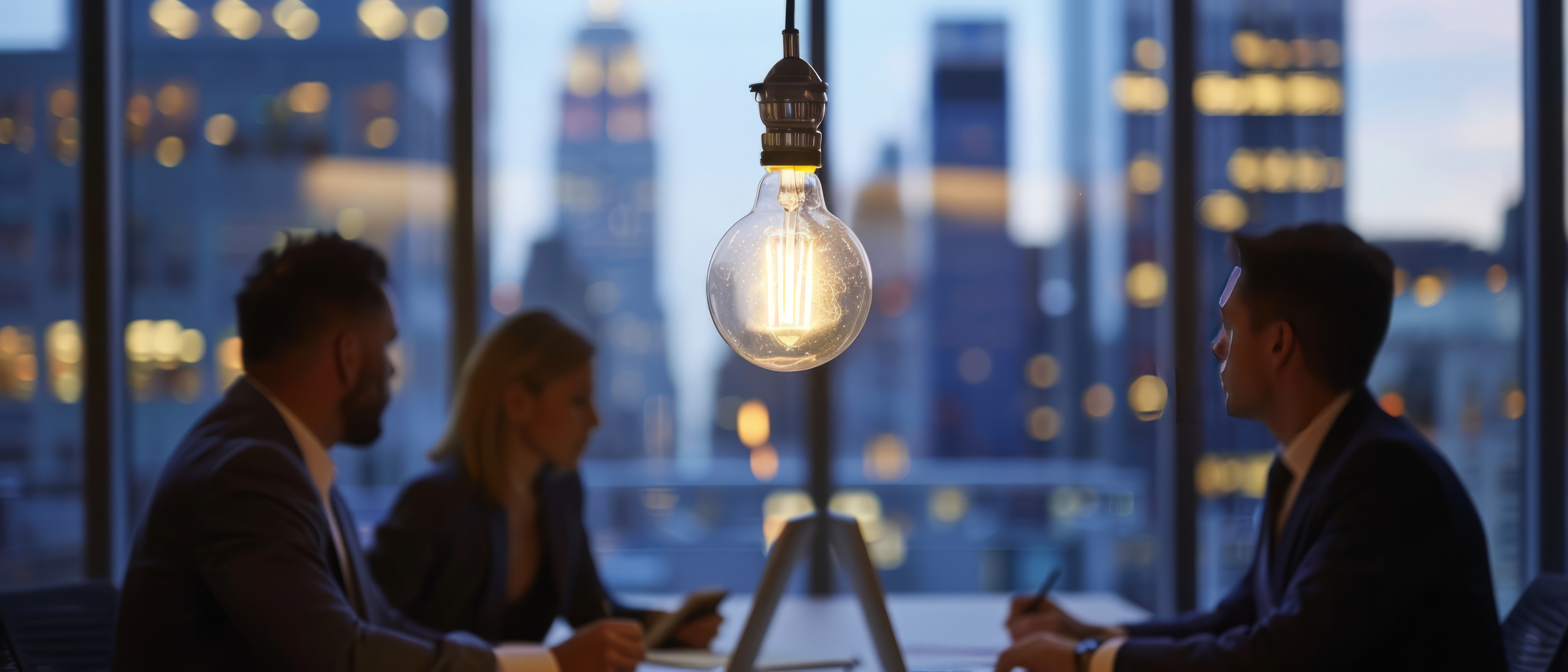 За столом переговоріів сидить команда спеціалістів. Фокус на лампочтку яка знаходиться в центрі композиції